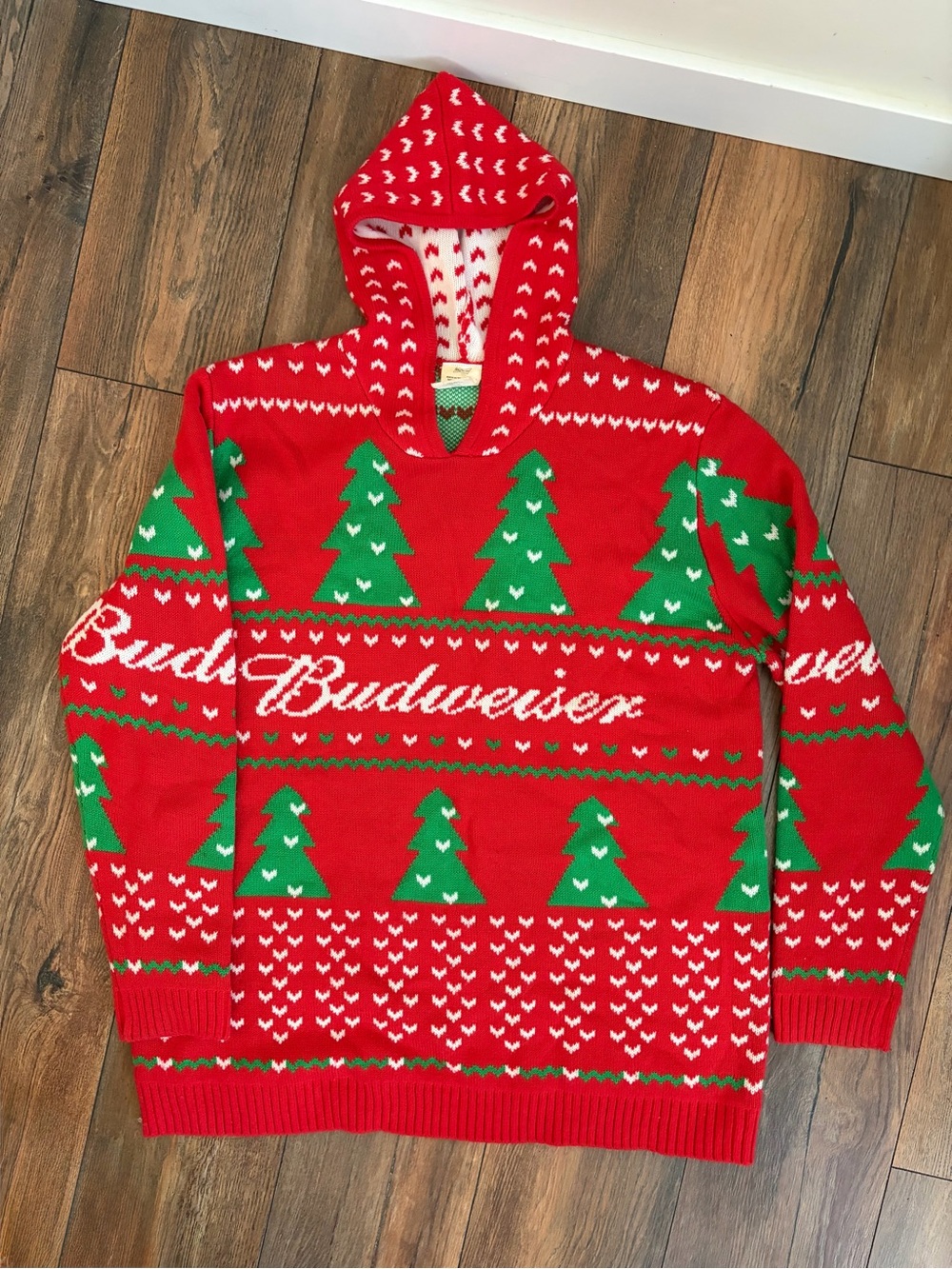 Budweisers Red Ugly Christmas Hooded Sweater Jacquard Knit Men’s XL
